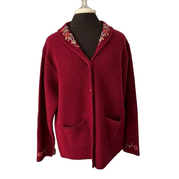 Vintage Jantzen Maroon Shawl Collared Wool Cardigan Hand Embroidered Flowers M/L - Picture 9 of 9